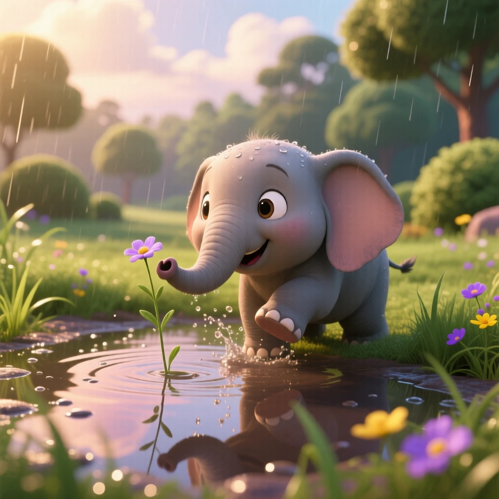 A baby elephant is splashing in a shallow puddle after rain, sniffing a single wildflower. A quiet, comforting sweetness surrounds the scene, with soft light catching its fur.