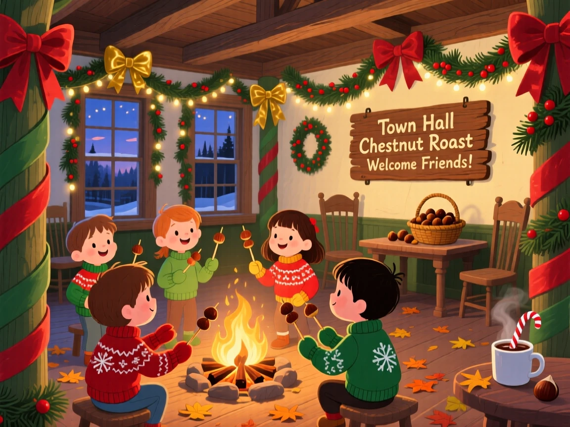 Children in matching mittens spend the evening roasting chestnuts over an open fire in a decorated town hall, while ribbons and bows decorate every corner.