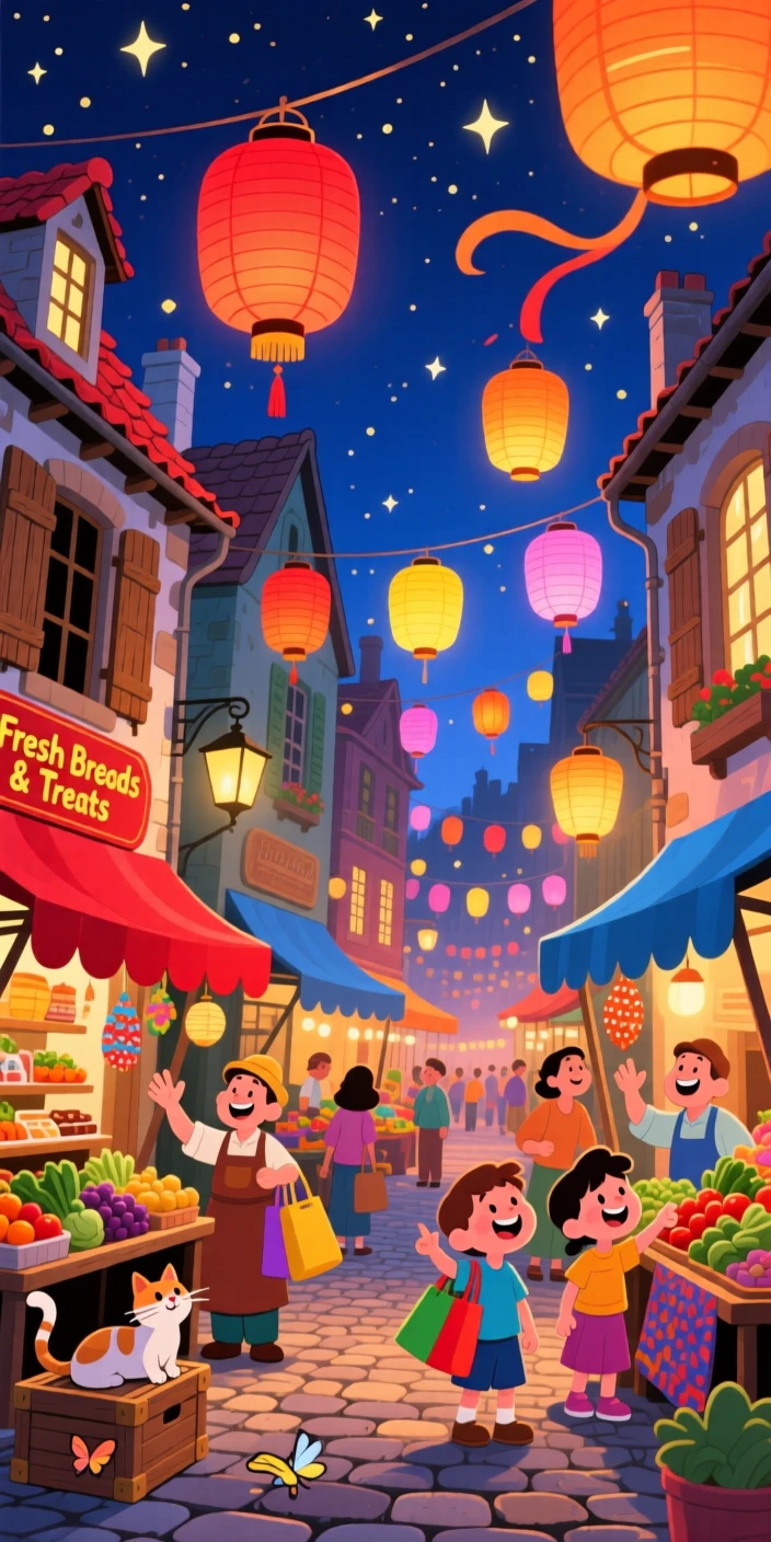 A market street glowing with lanterns in an old town at night.