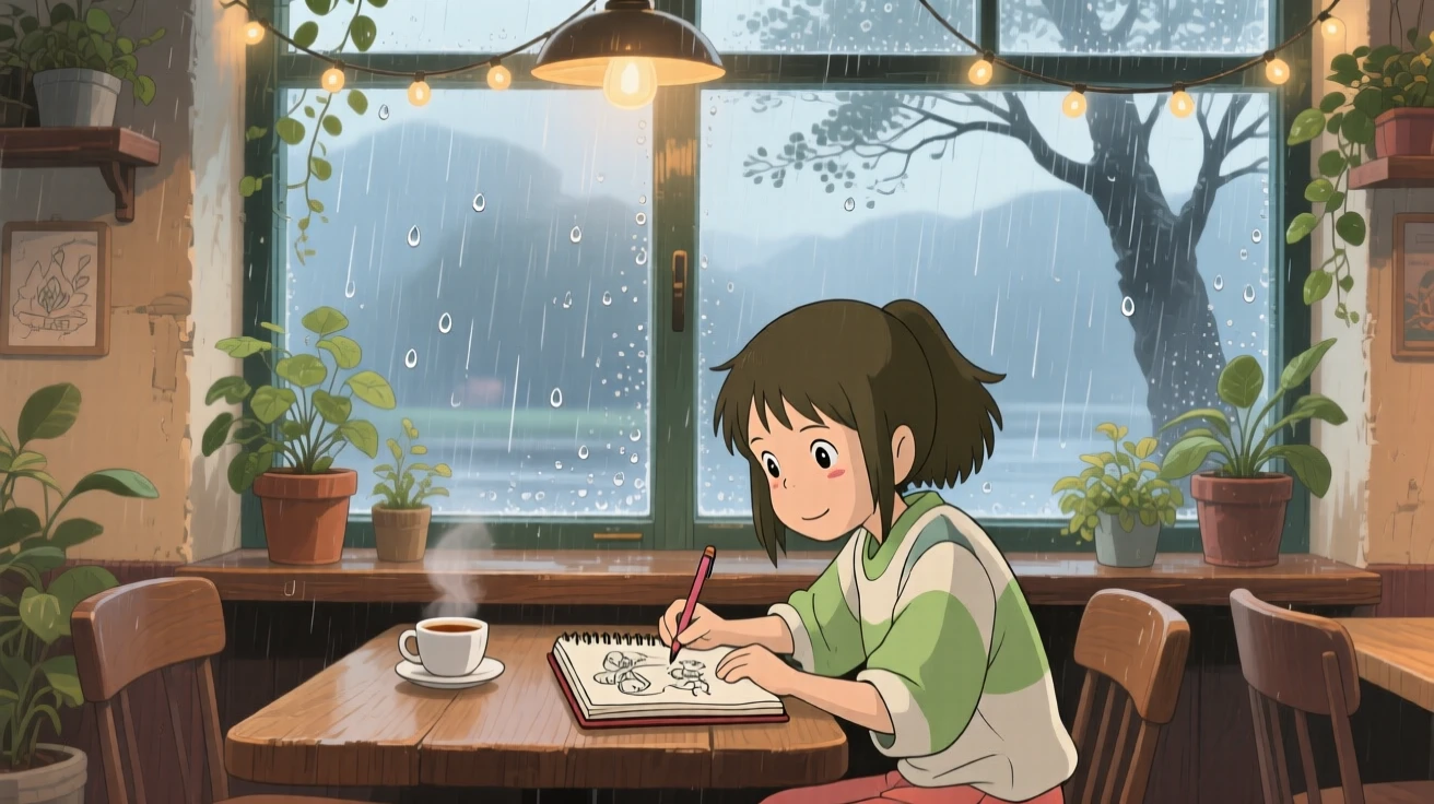 A person sketching in a notebook at a café table, soft rain pattering against the glass outside, the whole scene feeling quietly content.
