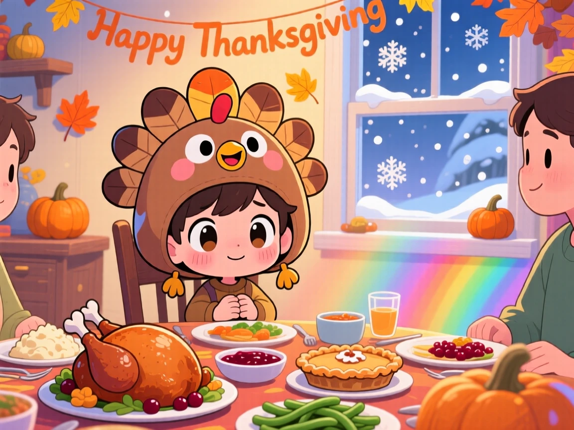Medium shot of a small boy, wearing a turkey hat at a family dinner table, in a warm Thanksgiving dining room, amid softly falling snow, illuminated by bright rainbow-tinted light, radiating shy bashfulness.