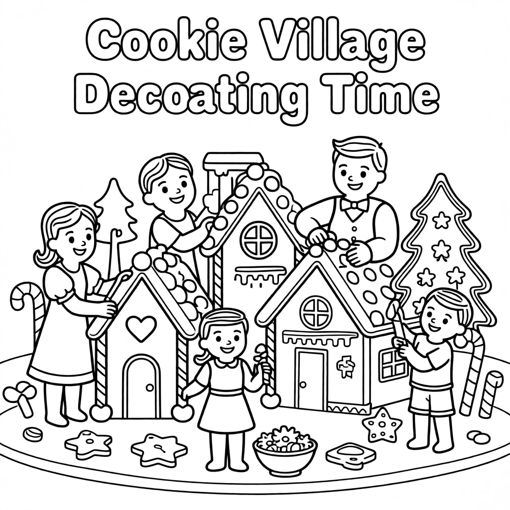 A gingerbread family decorating a cookie village