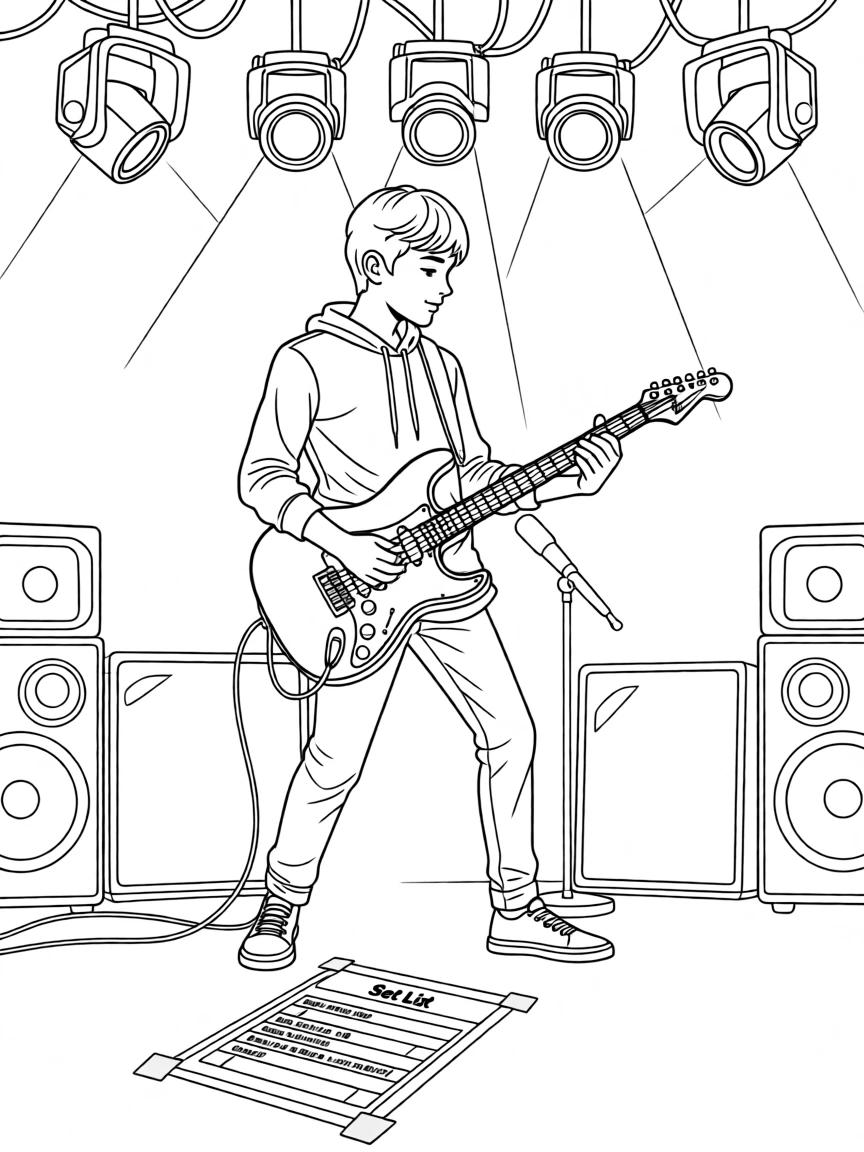 A guitarist playing beneath colorful stage lights, with a set list taped to the floor nearby.