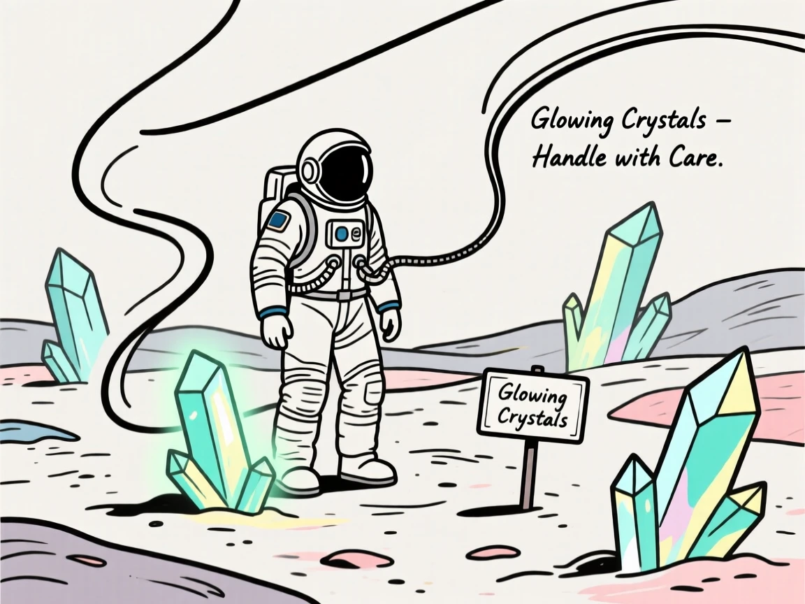An astronaut discovering strange glowing crystals on an alien landscape.