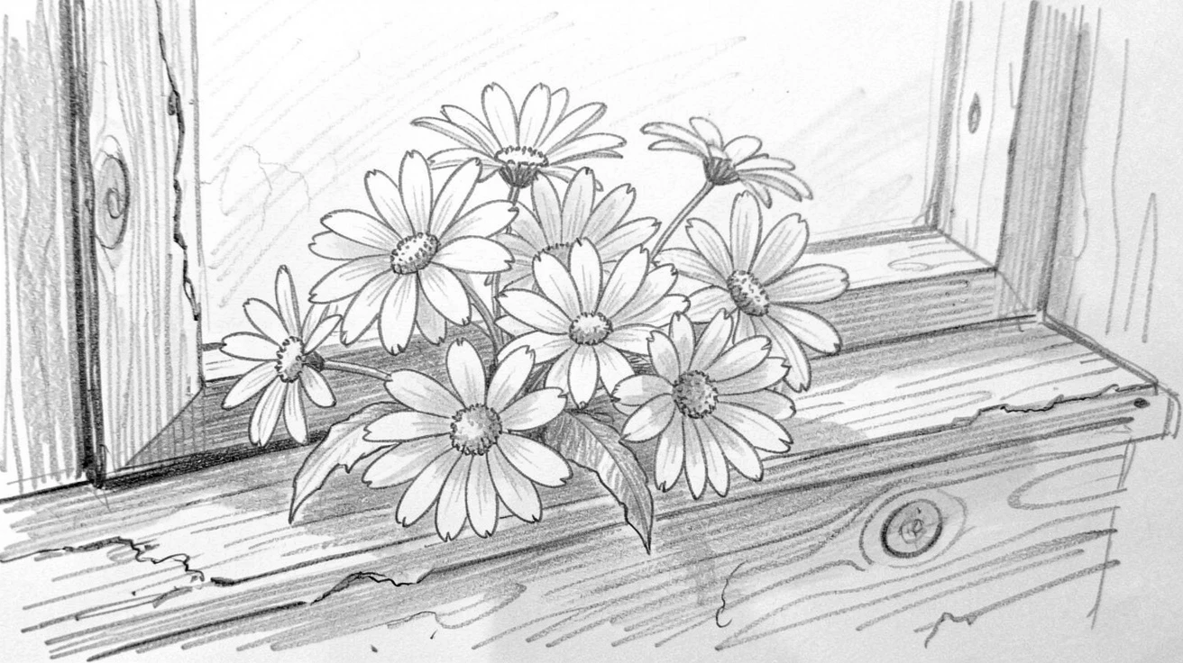 A cluster of daisies on a weathered wooden windowsill, glowing softly in the late afternoon light.