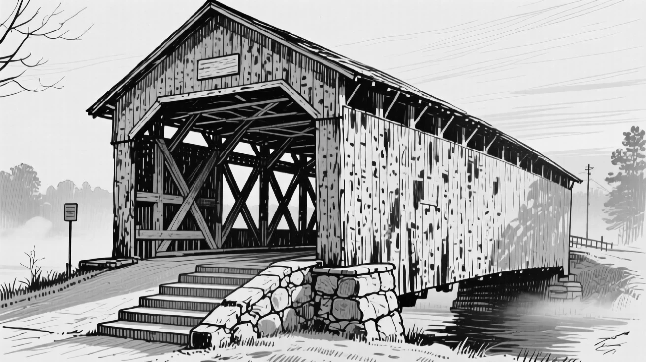 A new england covered bridge on a quiet early morning, featuring worn stone steps polished by centuries of footsteps, rendered in a warmly nostalgic architectural composition.