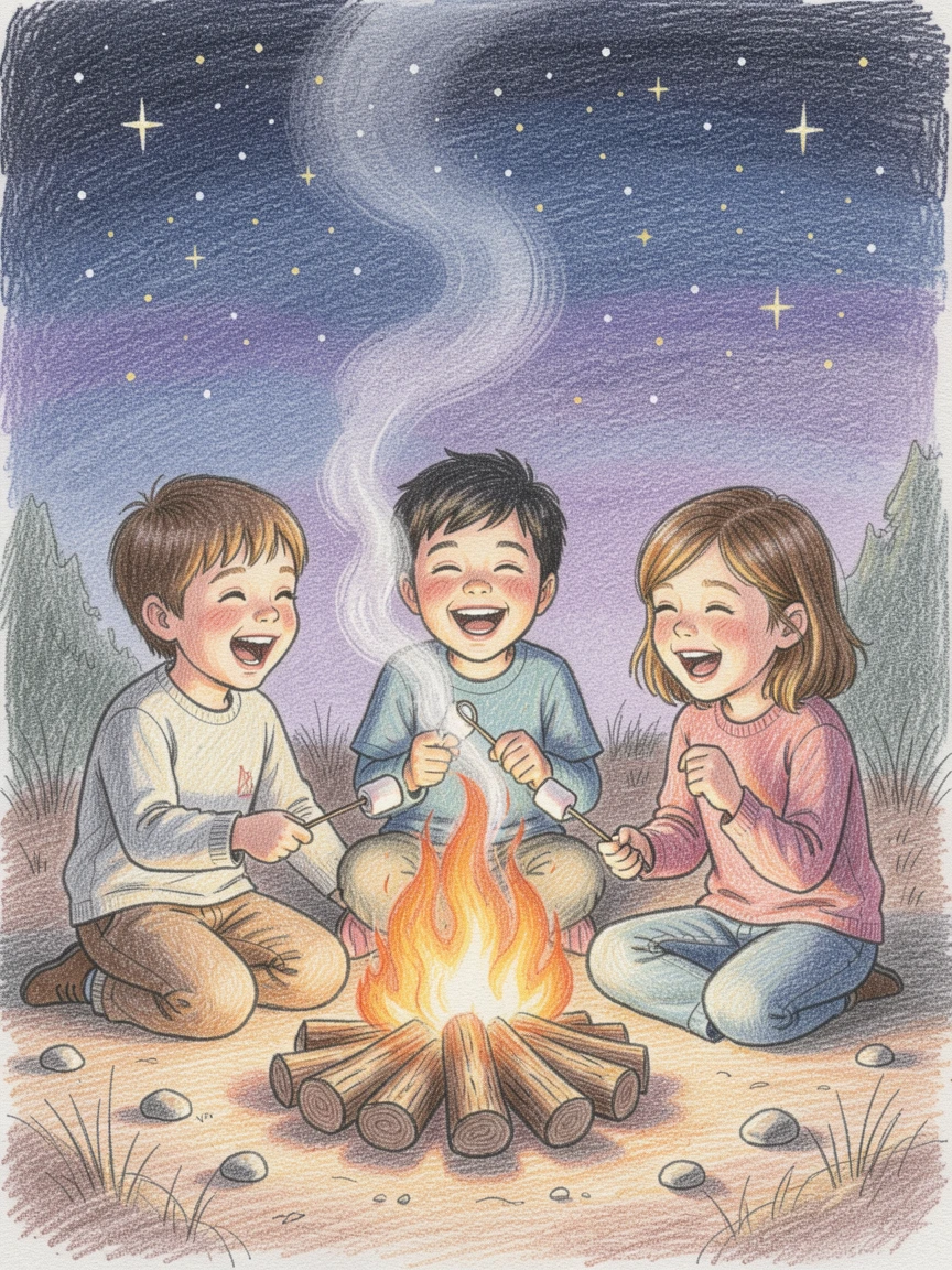Kids roasting marshmallows around a campfire under starry skies, full of genuine laughter and playful energy, evoking warm nostalgia and treasured family memories.