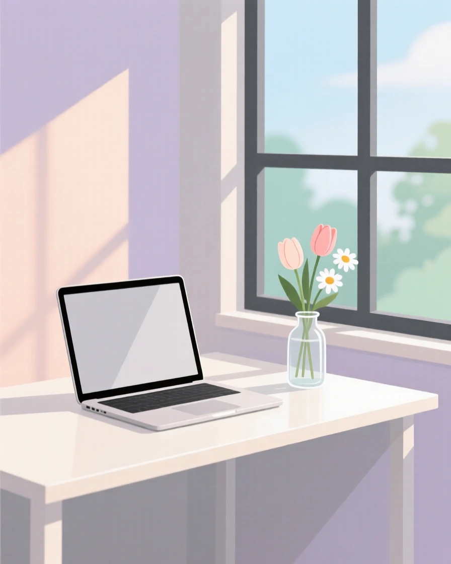 A minimalist home office desk with a laptop and fresh flowers, placed near a large window with morning light streaming in, composed with a relaxed, candid feel, with gentle pastel tones evoking calm and comfort.