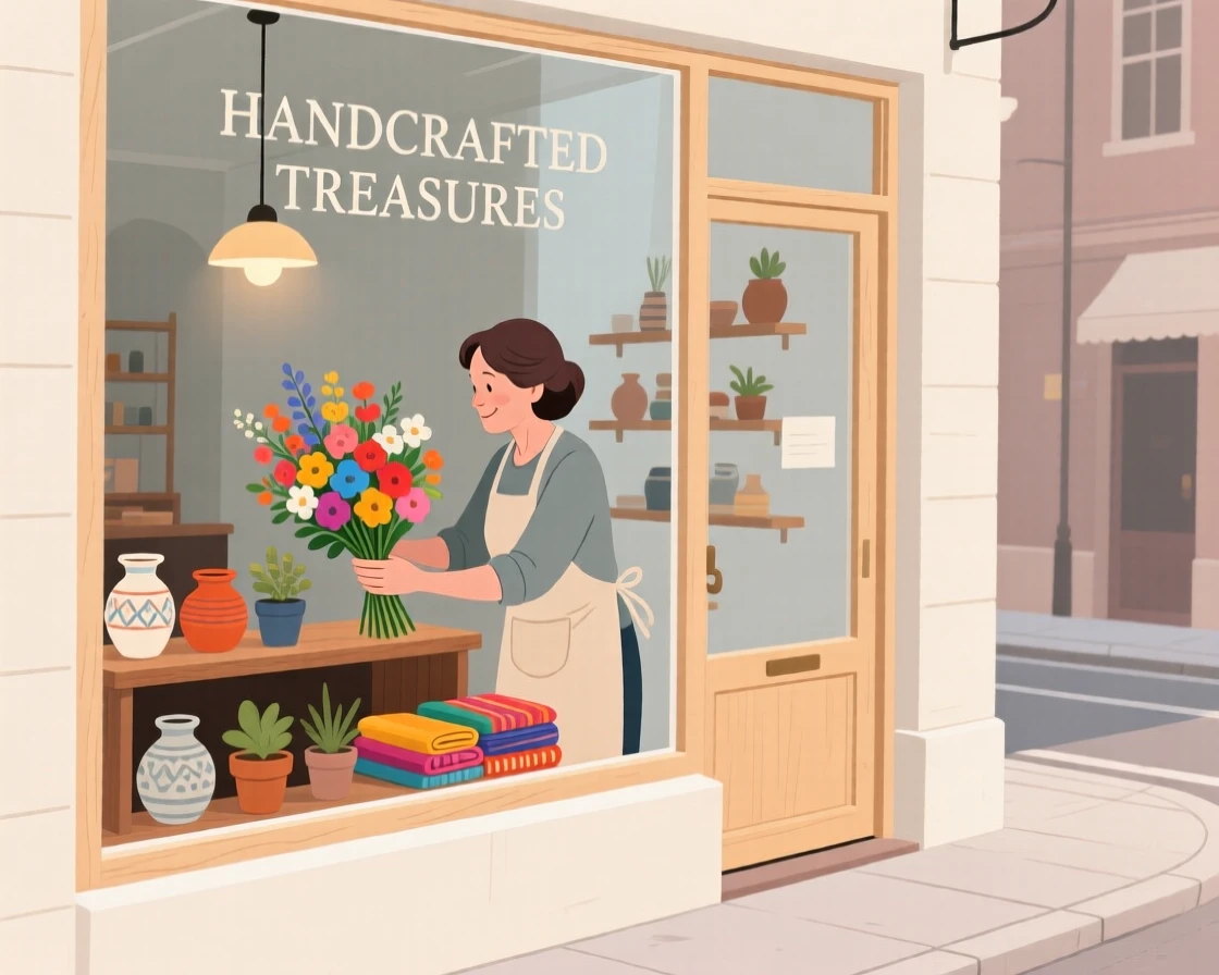 A shop owner arranging a colorful window display in a small boutique.
