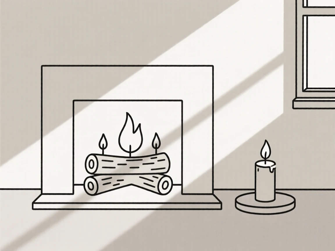A tidy fireplace hearth arranged near a lit candle in a sunlit apartment, expressing gentle routine.