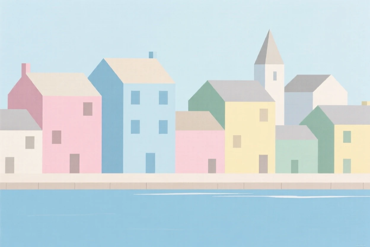A coastal town with pastel-colored buildings