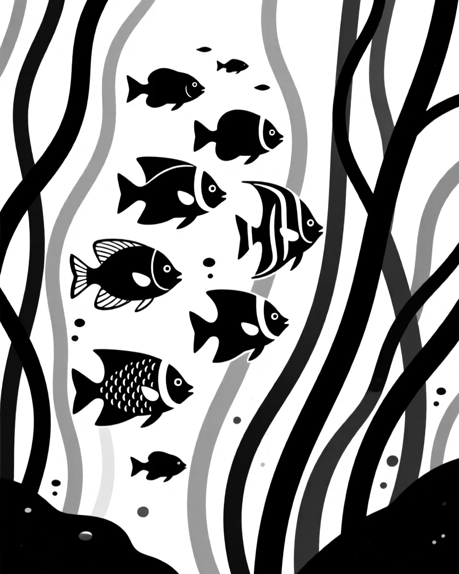 A school of tropical fish among kelp forests.