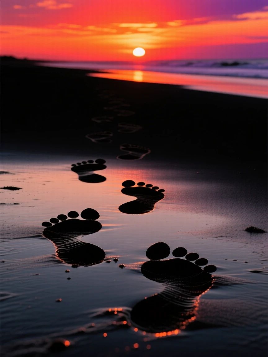 A trail of footprints in wet sand leading toward a distant horizon.