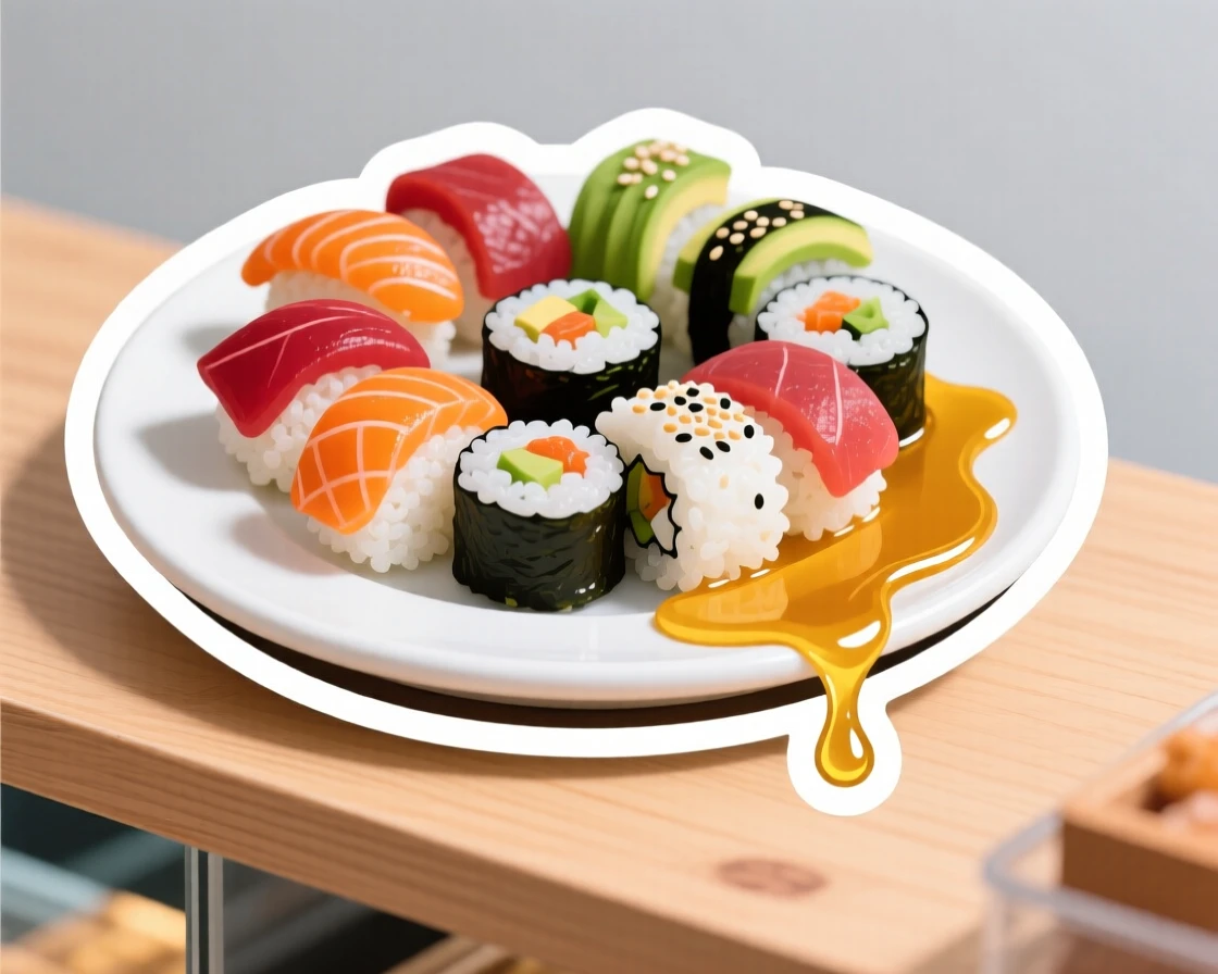 A colorful and vibrant plate of sushi rolls arranged neatly, with honey drizzling down the side, at a charming bakery counter.