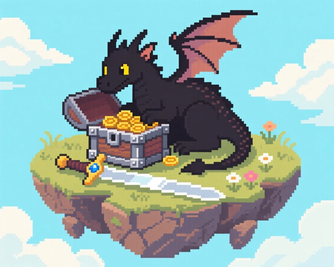 A small dragon curled around a treasure chest polishing a legendary sword on a stone, atop a floating island surrounded by clouds.