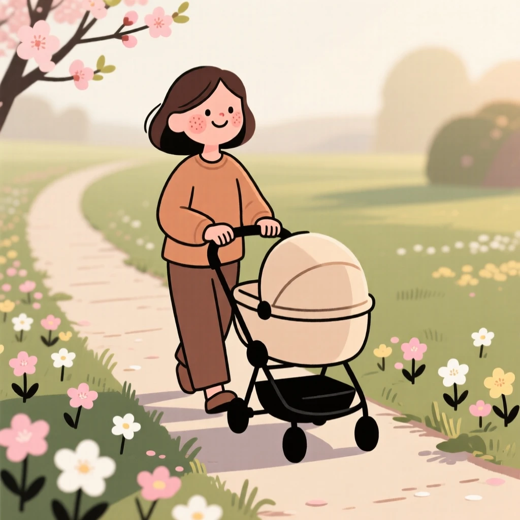 The first blossoms of spring open along a garden path as a young mother pushing a stroller walks slowly by, smiling at the warmth returning in the mild morning air.