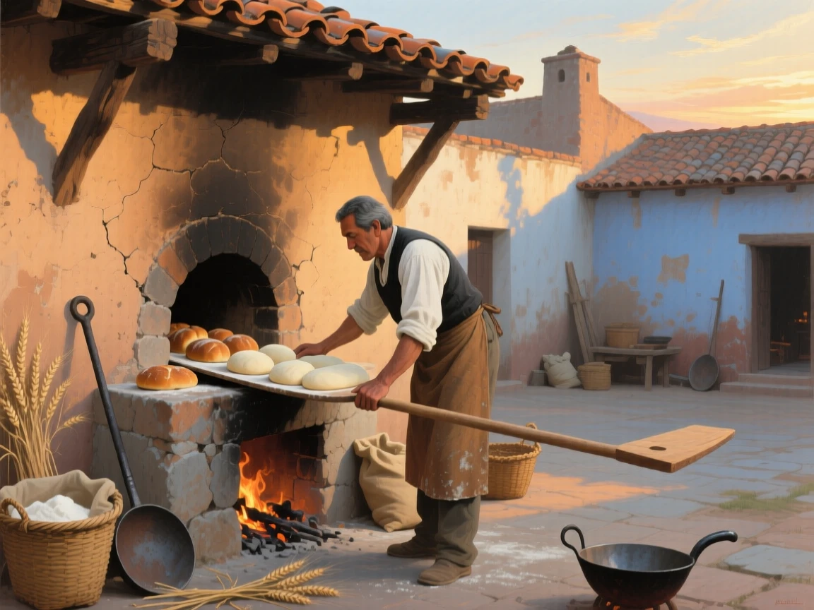 A sweeping wide shot of a baker sliding loaves of bread into a stone oven, in colonial Mexico, just after sunrise.