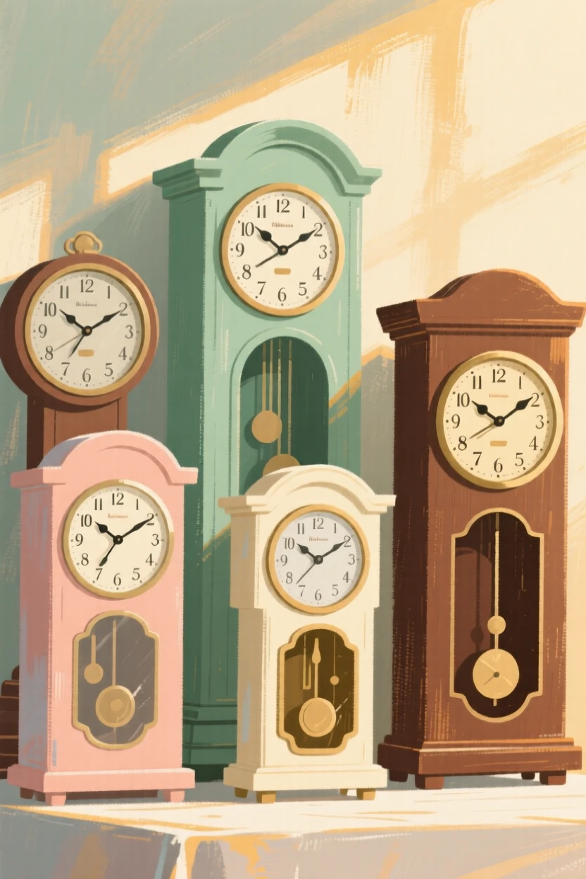 A set of antique clocks of different styles displayed together