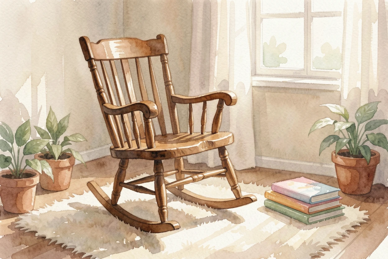 A nursery with a wooden rocking chair.