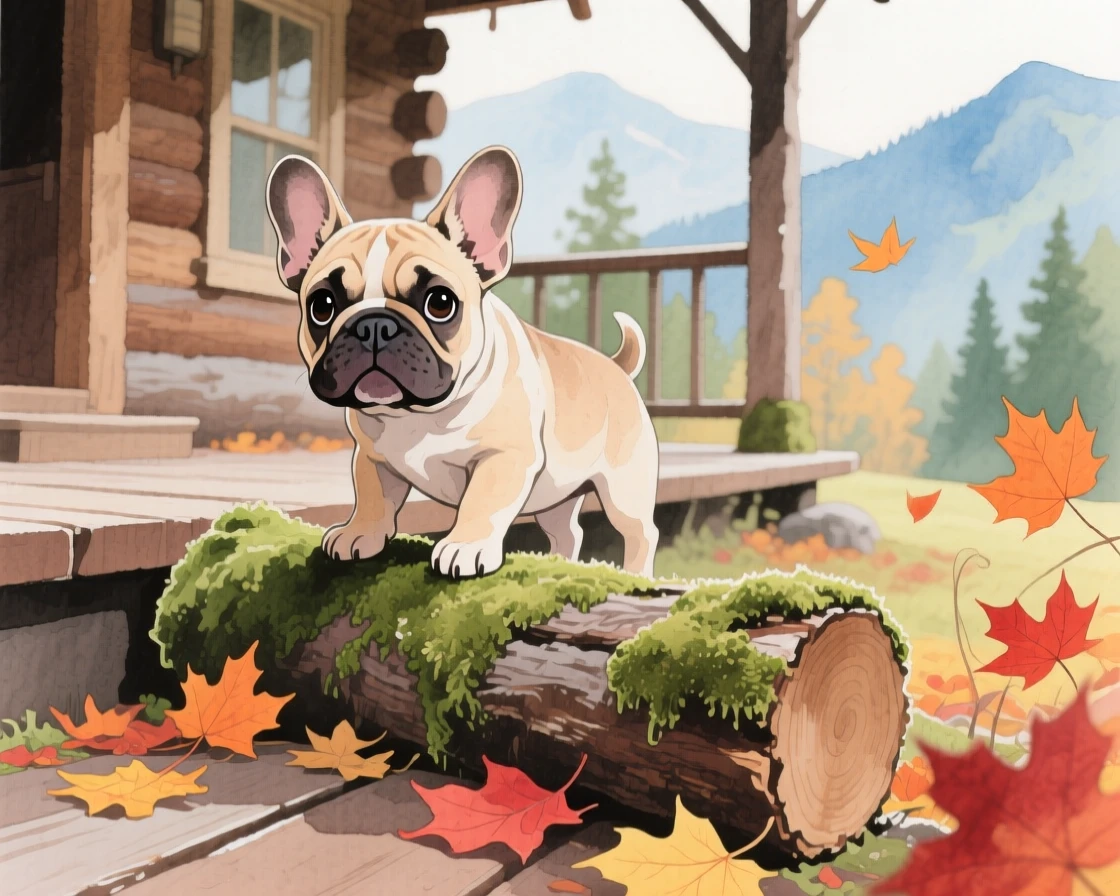 A French bulldog puppy climbs over a mossy log in a mountain cabin porch, as autumn leaves swirl around