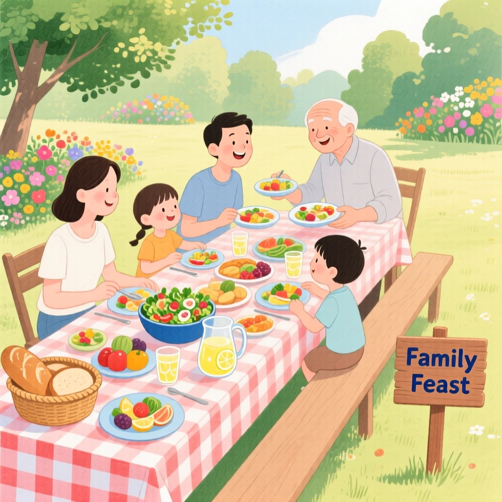 A heartwarming moment showing a family sharing a meal at a long outdoor table.