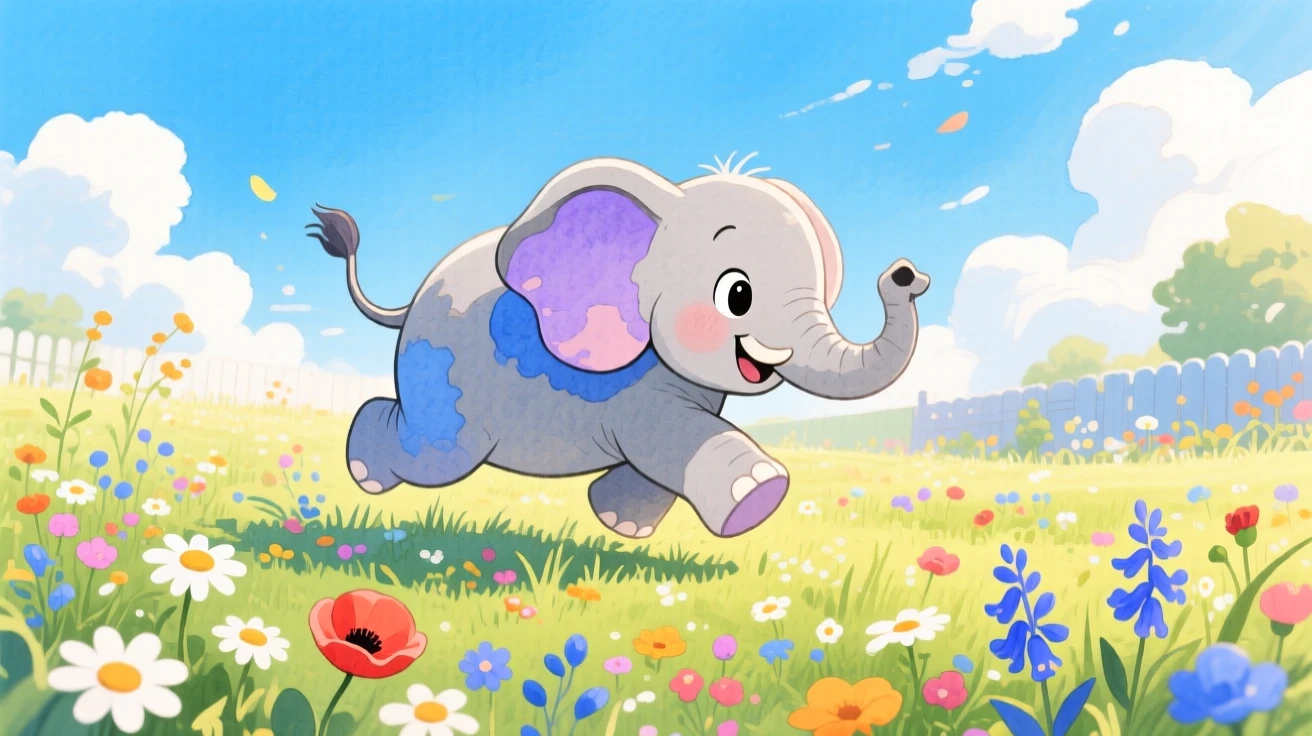 A baby elephant chasing its own tail in a sunny backyard, set in a meadow bursting with wildflowers under a blue sky, capturing a fleeting moment of quiet contentment.