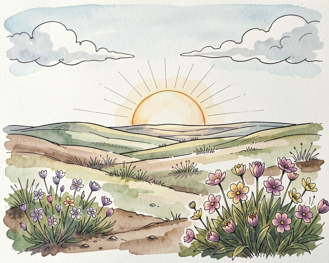 A remote tundra landscape dotted with wildflowers under a low arctic sun, clouds drifting slowly across an otherwise clear sky.
