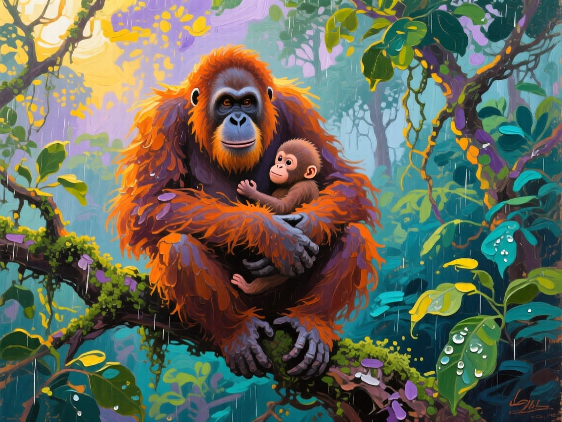 an orangutan cradling its infant in rainforest branches, at dawn, with a balanced, spacious view of the surroundings.