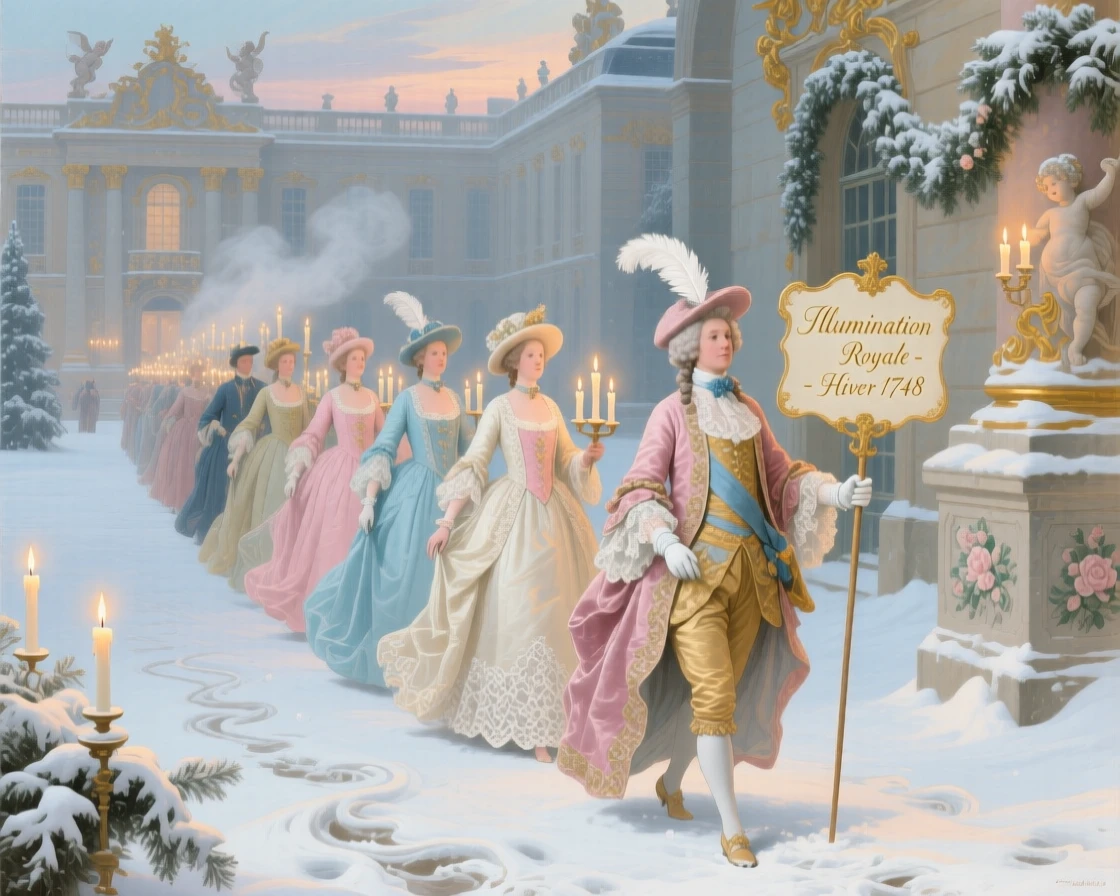 A winter royal procession carrying candles through a snowy courtyard  