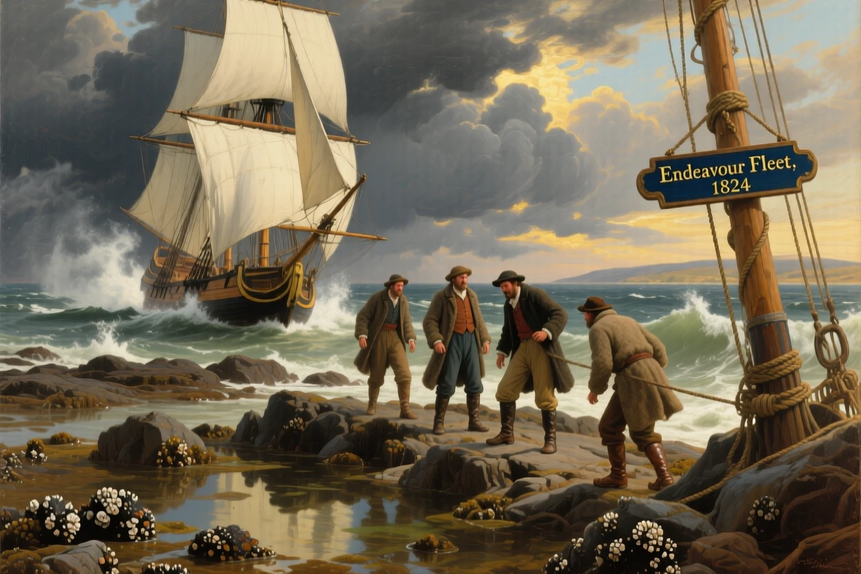 A crew of sailors stands upon a reef exposed at low tide while the wind whips the sails.