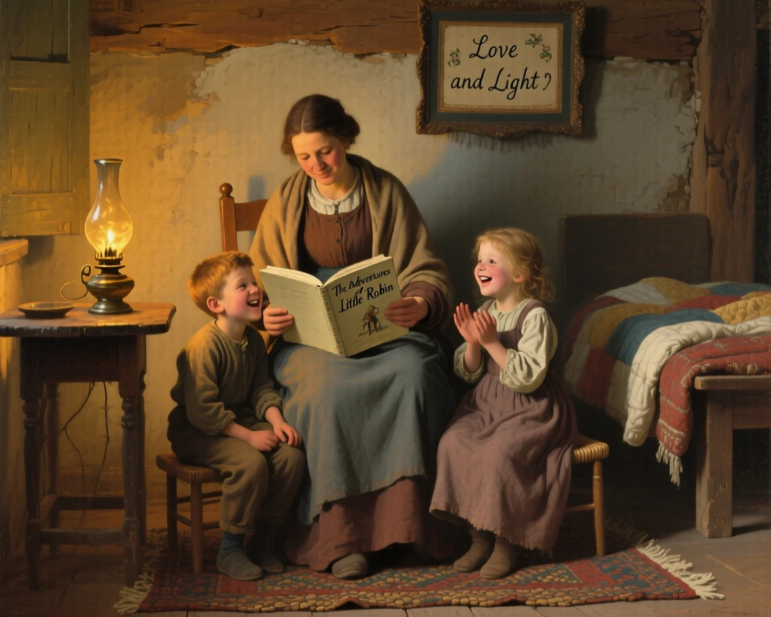 A mother reading a bedtime story to her children under soft lamplight, as laughter and genuine joy fill the entire scene, radiating comfort, love, and togetherness