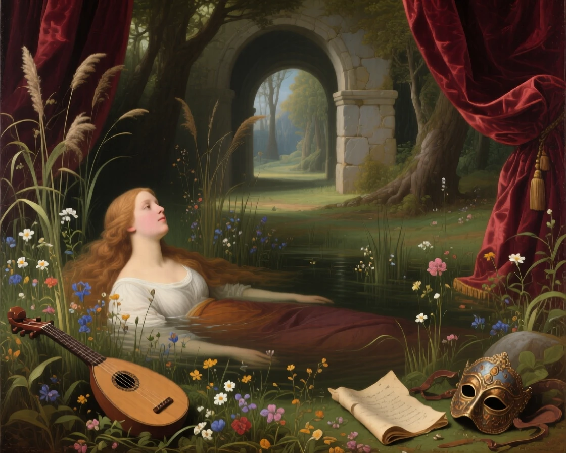 Ophelia drifting gently among wildflowers and reeds as if pulled directly from a cherished tale, set within an enchanted forest clearing bathed in soft light, with painted stage curtains and scattered theatrical props; receding archways create a sense of stepping into another world, filled with romance, imagination, and quiet drama.