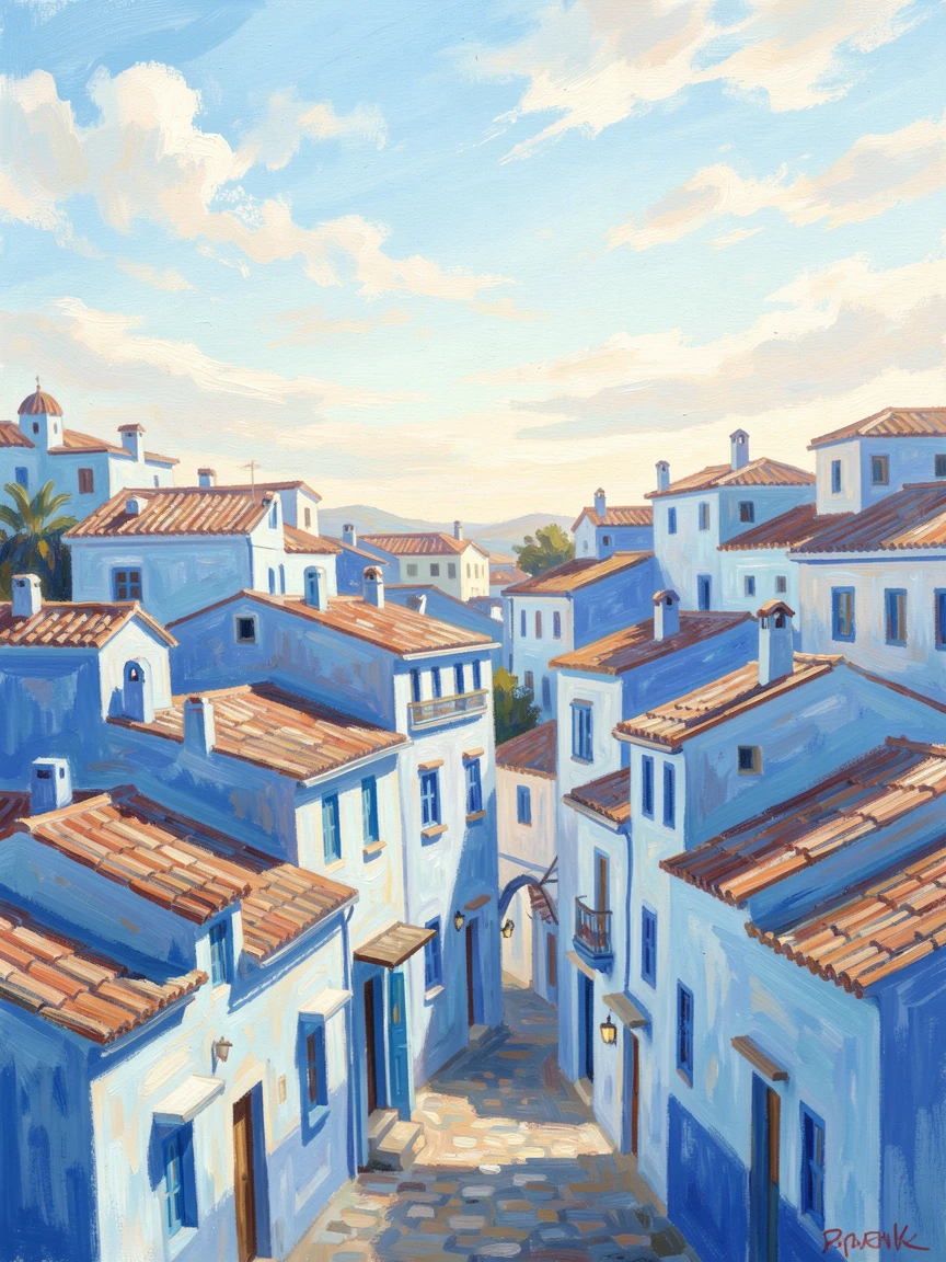 The vibrant rooftops of Chefchaouen, Morocco, painted every shade of blue beneath a bright afternoon sky.