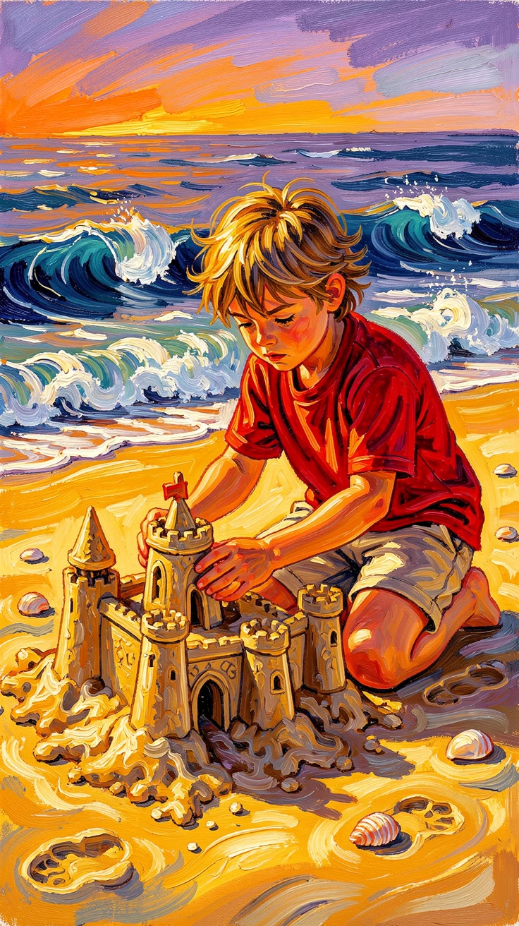 A determined child building an elaborate sandcastle as the tide slowly approaches.