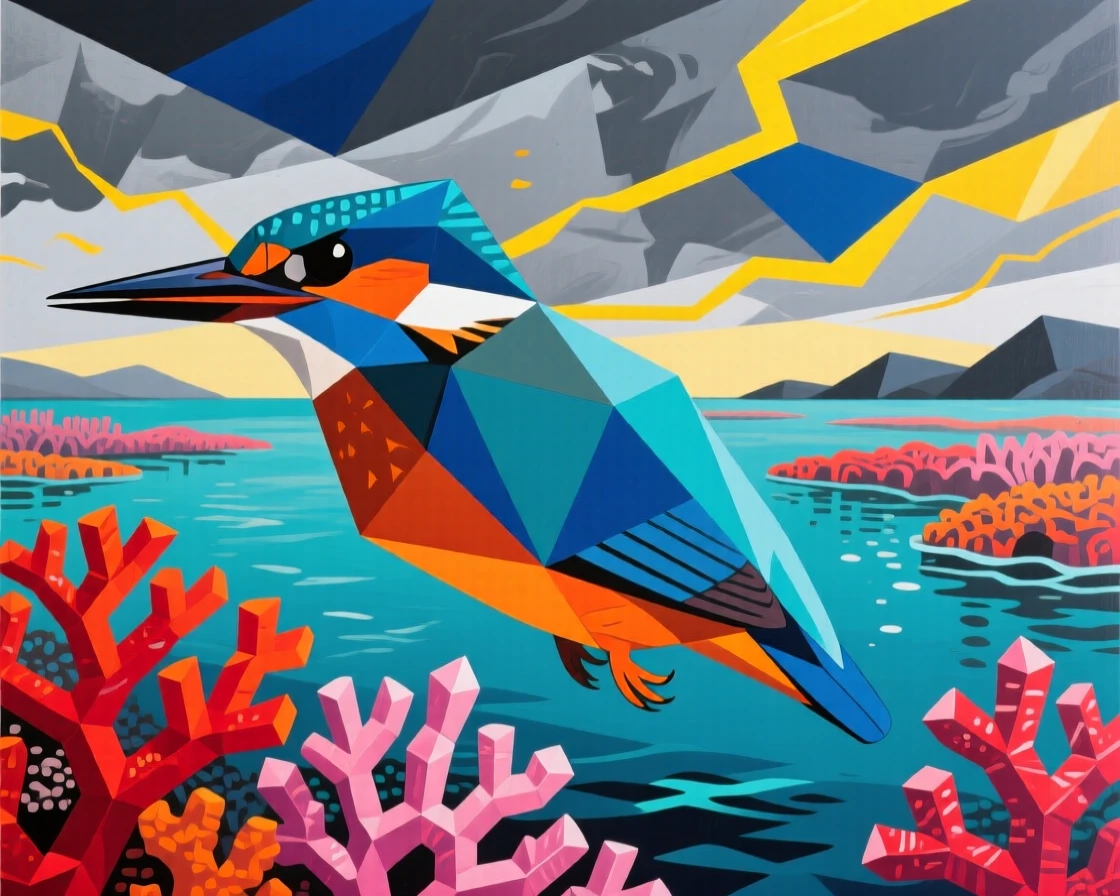 A striking view of a kingfisher navigating through a coral-lined lagoon beneath a dramatic sky.