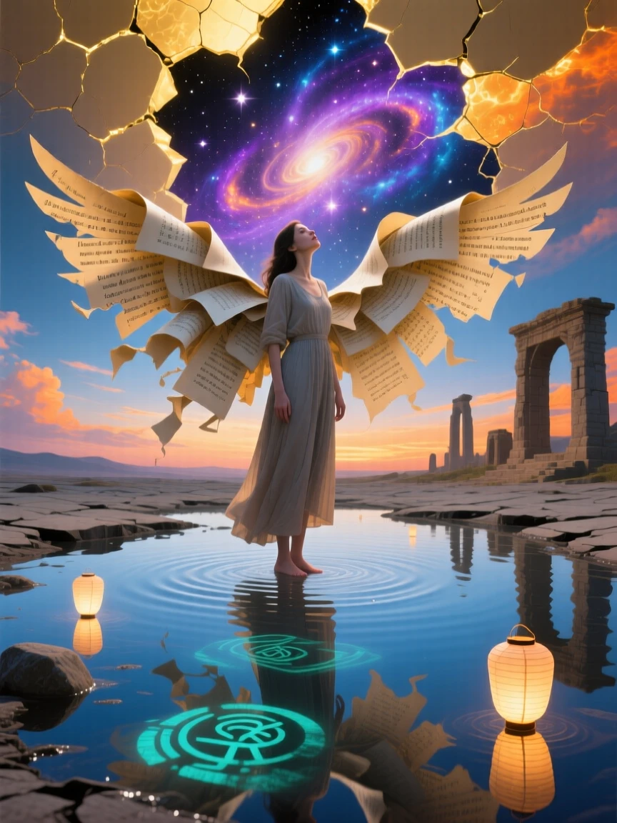 A woman with wings made of torn book pages gazes upward at a sky splitting open like an eggshell, as the ground beneath them slowly turns to still water.