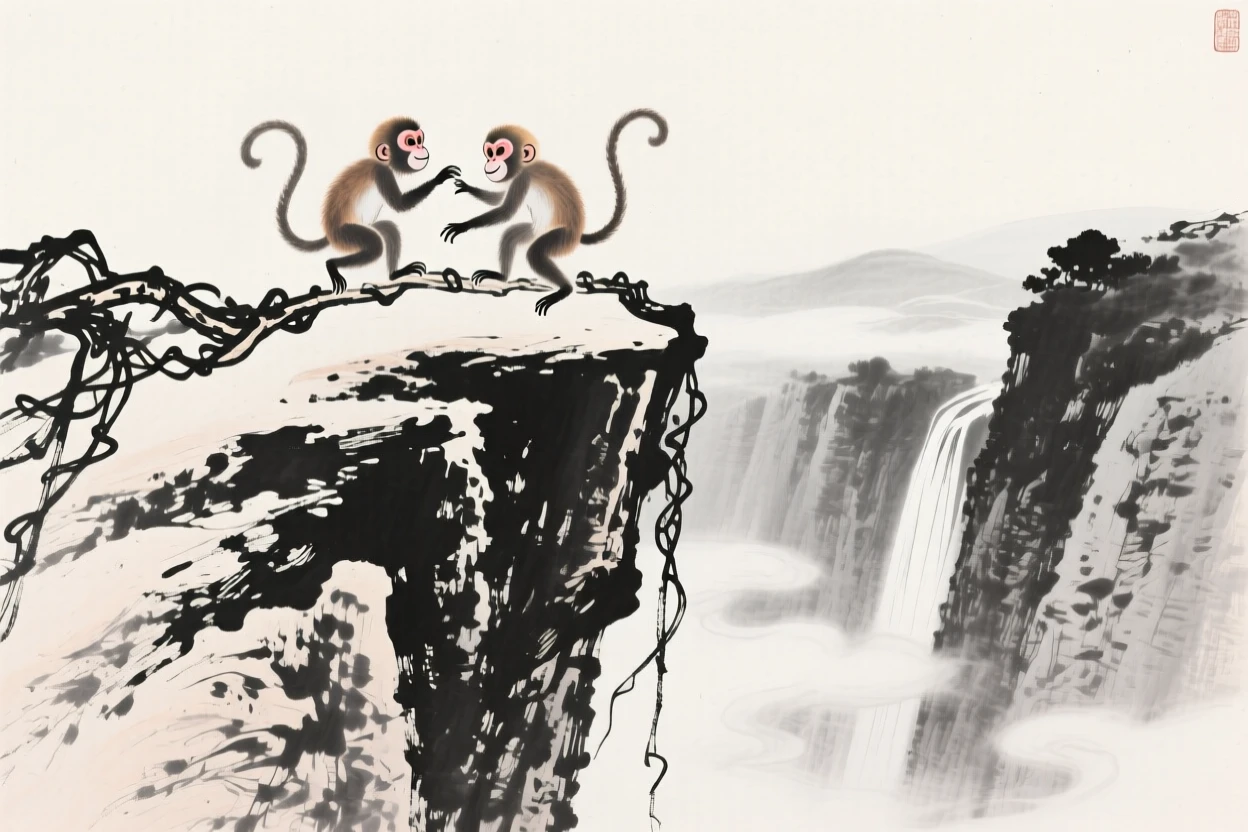 Two monkeys play along a vine-draped cliffside, as clouds drift through the gorge below.