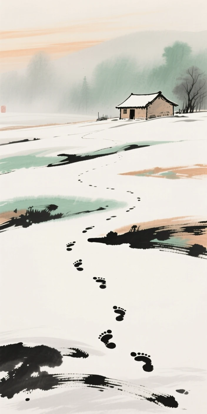 A single set of footprints crossing untouched snow toward a distant hut, in the soft light of late afternoon.
