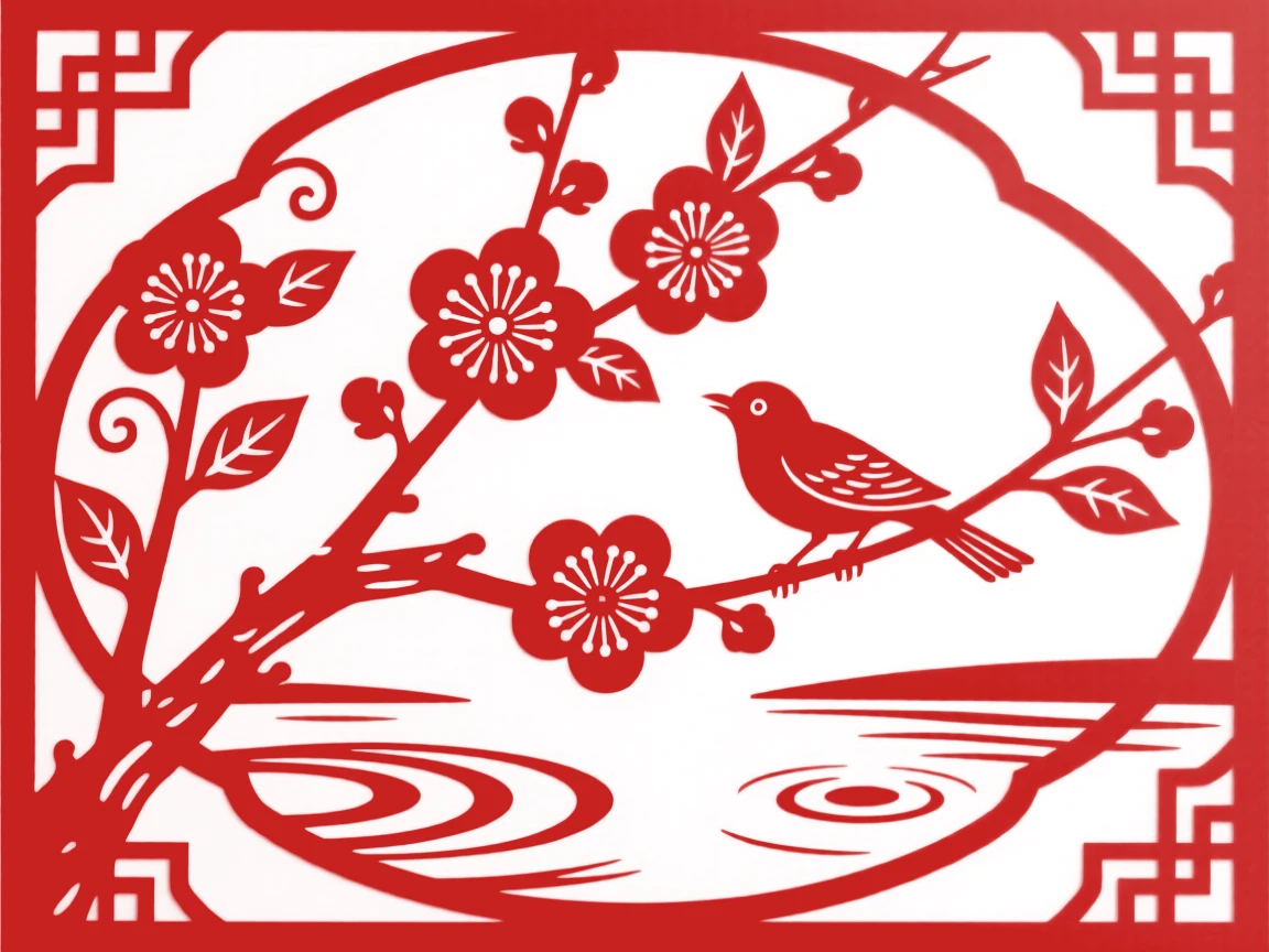 A branch of plum blossoms reflected in the still water of a garden pond, with a small bird perched nearby.