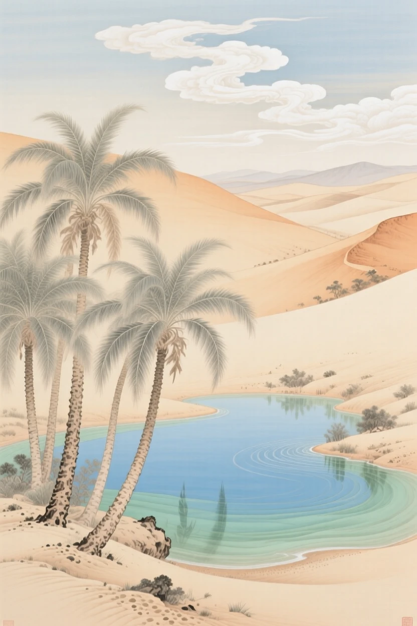 A desert oasis with palm trees and clear water, wisps of cloud drifting through the valley below
