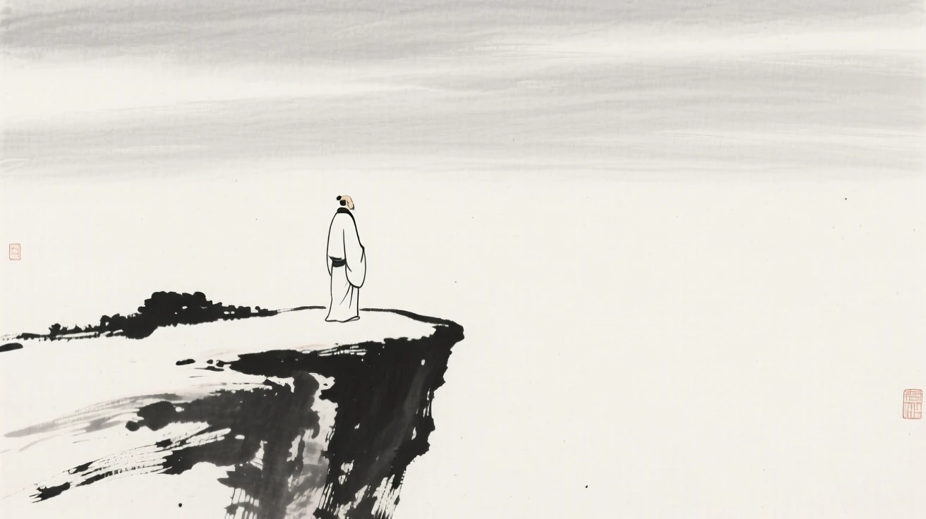 A solitary figure standing at the edge of a quiet cliff beneath a soft, overcast sky, composed with vast open space to emphasize solitude, carrying a hushed, contemplative silence.