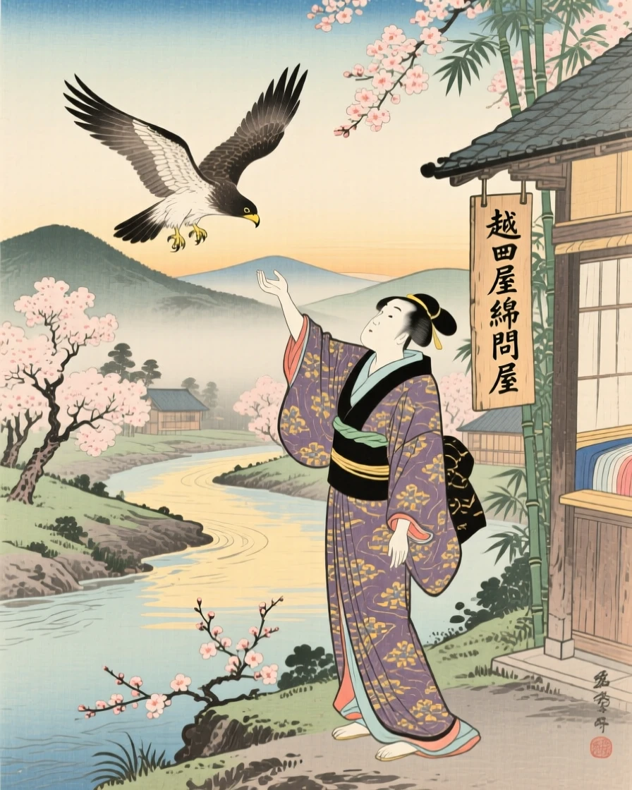 A silk merchant releasing a hawk into the morning sky.
