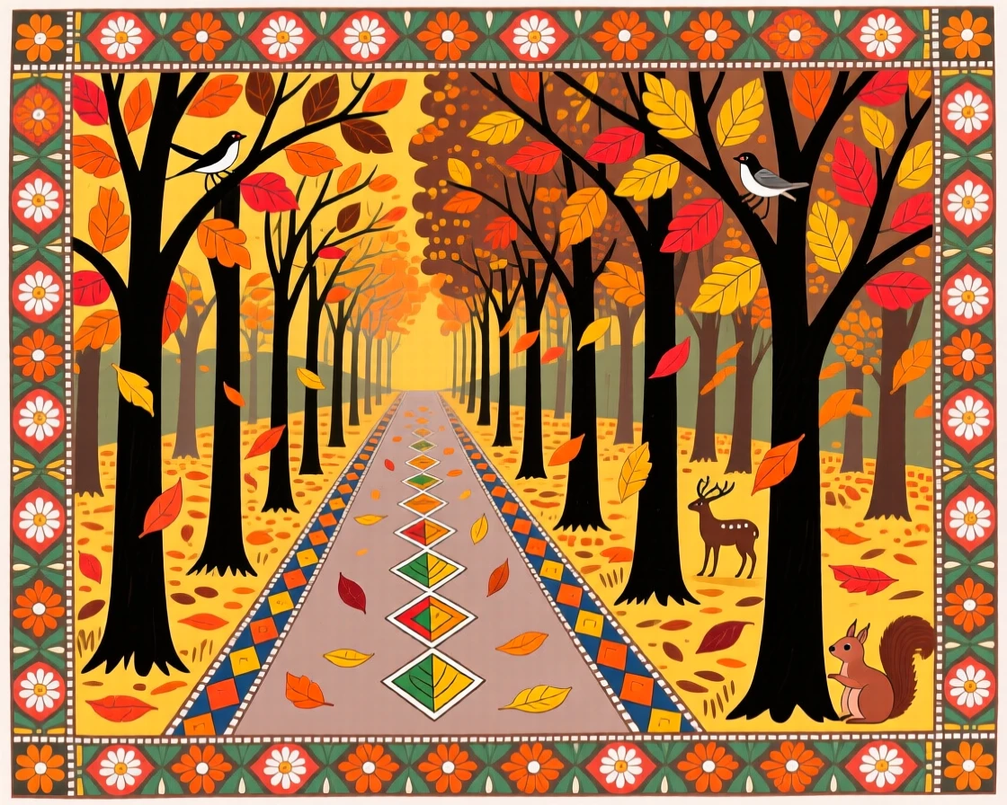 Autumn leaves drifting down over a quiet forest path.