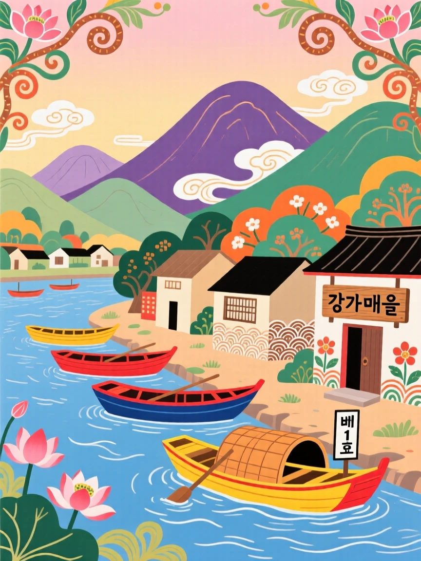 A riverside village with boats moored along the bank nestled among distant mountains.