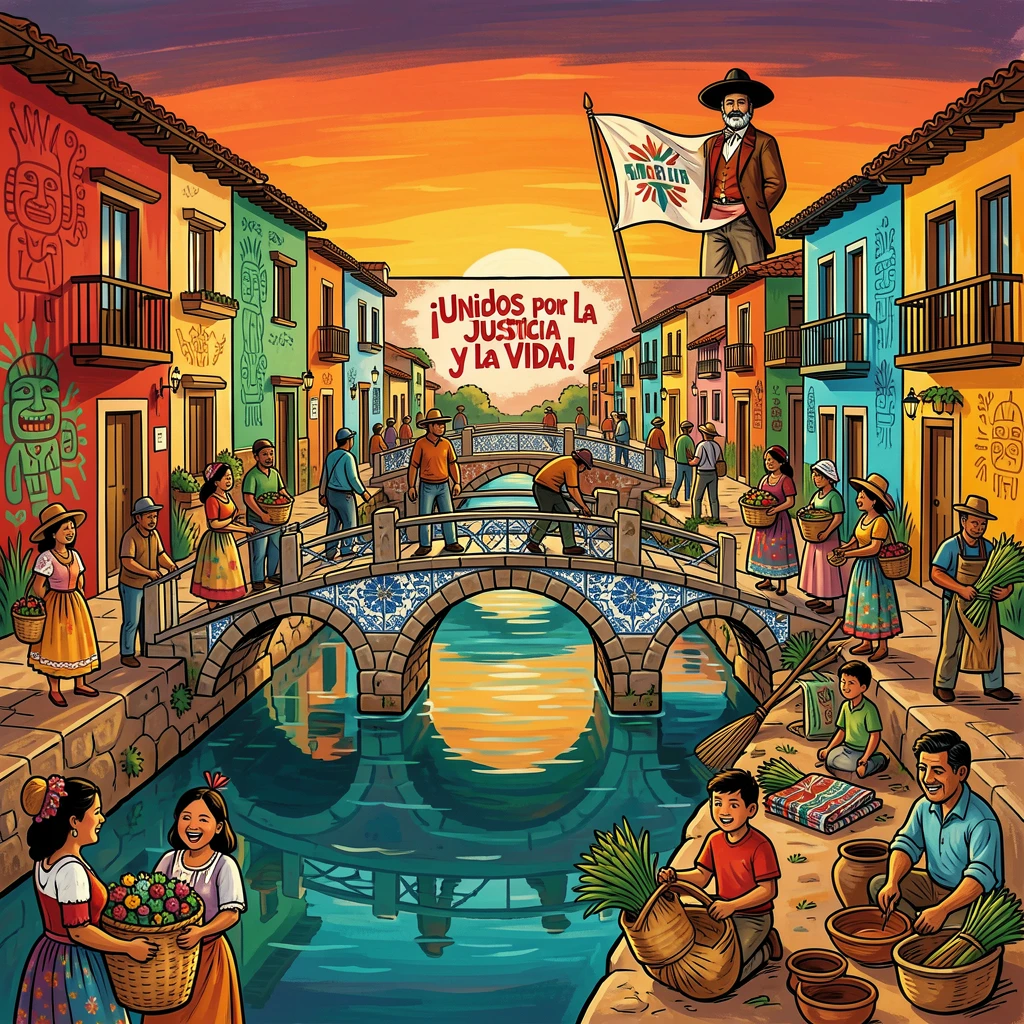 A row of arched bridges crossing a quiet canal town