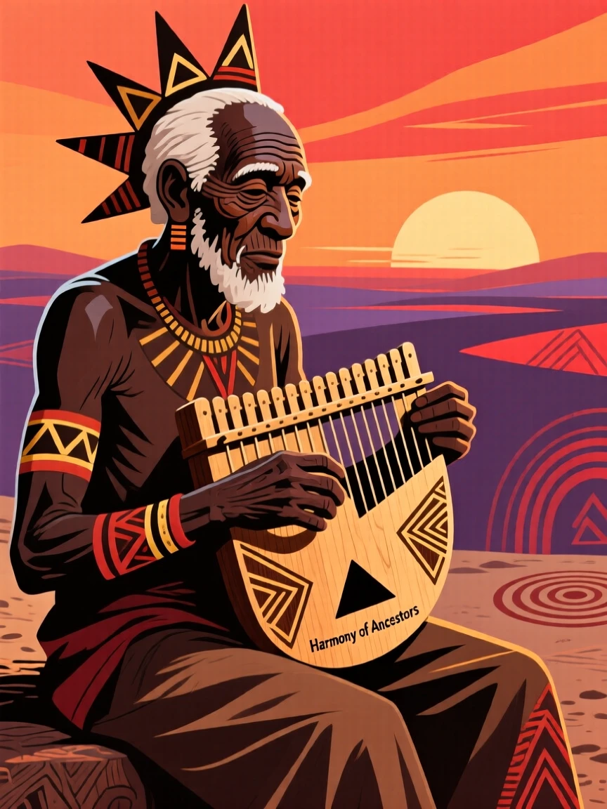 An elder playing a thumb piano playing softly as the sun sets.