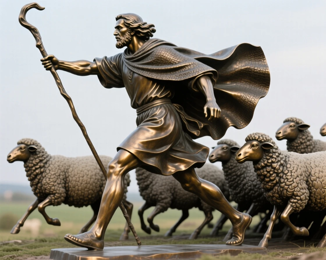 A shepherd with his flock, captured at the peak of a powerful movement, forming a strong central focal point