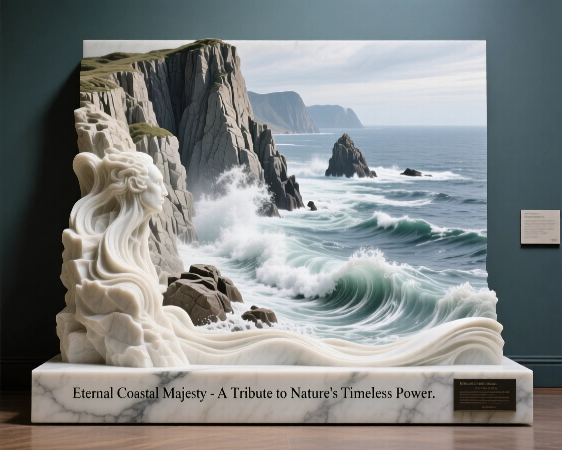 A breathtaking view of a dramatic coastline with crashing waves, rich with color and atmosphere, evoking peace and wonder