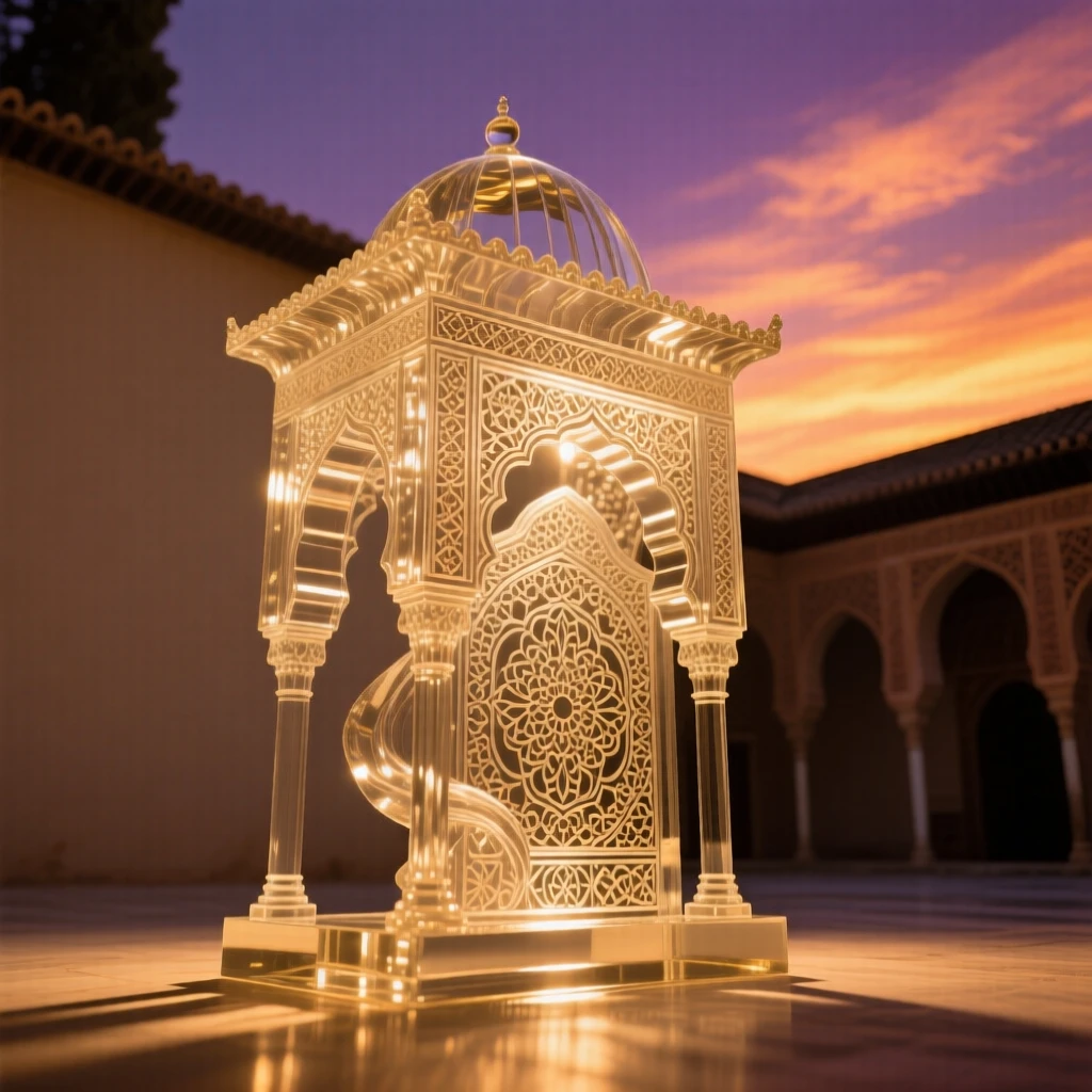 The Alhambra's ornate courtyards, viewed from a dramatic low angle under a vivid sunset sky, warm golden light highlighting every architectural detail, awe-inspiring and grand.
