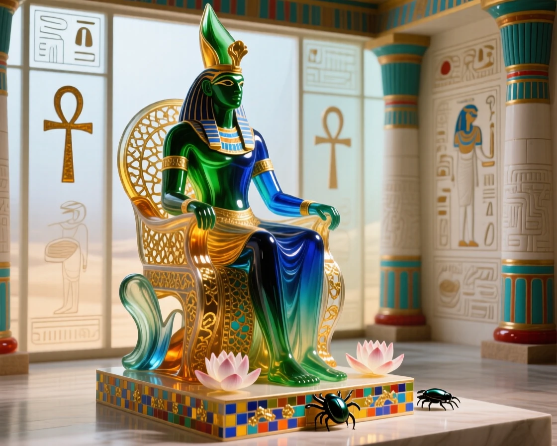 Osiris enthroned amid symbols of renewal in an ancient Egyptian hall, solemn and majestic.